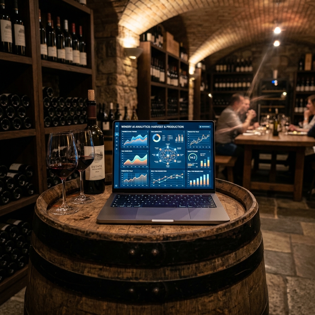 Modern laptop displaying AI winery analytics on a barrel